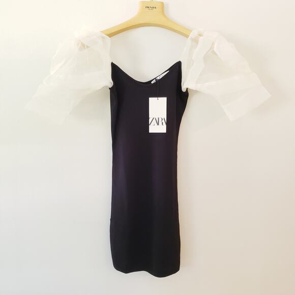 ZARA Voluminous Balloon Organza Sleeve Mini Dress Knit Size Small - Picture 7 of 10